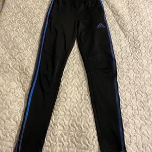 Adidas soccer track pant~black with iridescent stripes (blueish-purpleish)